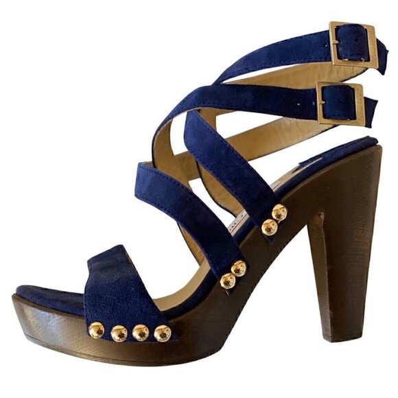 Jimmy Choo Suede Studded Unity Platform Sandals Heels 38 US 8 Blue Gold Strappy - Picture 1 of 16